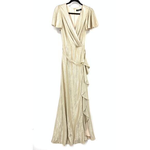 Lauren Ralph Lauren Belted Metallic Knit Flutter Sleeve Gown Sz 12 Champagne